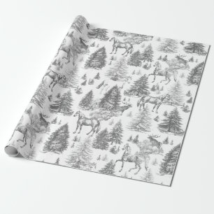 Elegant Vintage White Horses in Snow Woods Toile  Wrapping Paper