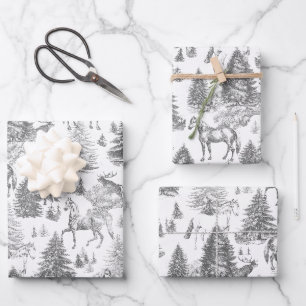 Elegant Vintage White Horses in Snow Woods Toile  Wrapping Paper Sheet
