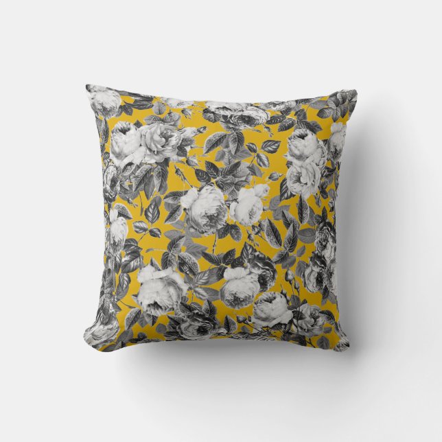 Elegant Vintage White Roses Mustard Yellow Throw Pillow (Front)