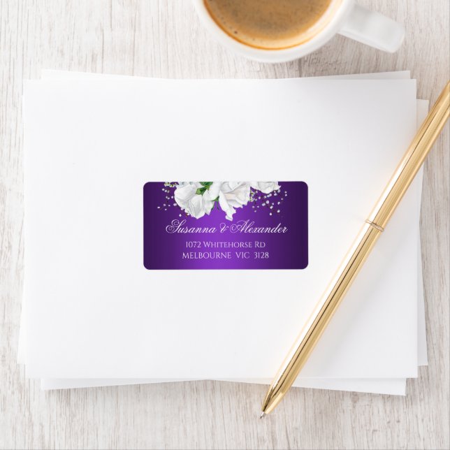 Elegant Vintage White Roses Purple Wedding Label (Insitu)