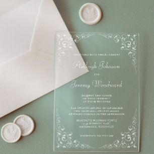 Elegant Vintage White Script Botanical Frame Acrylic Invitations
