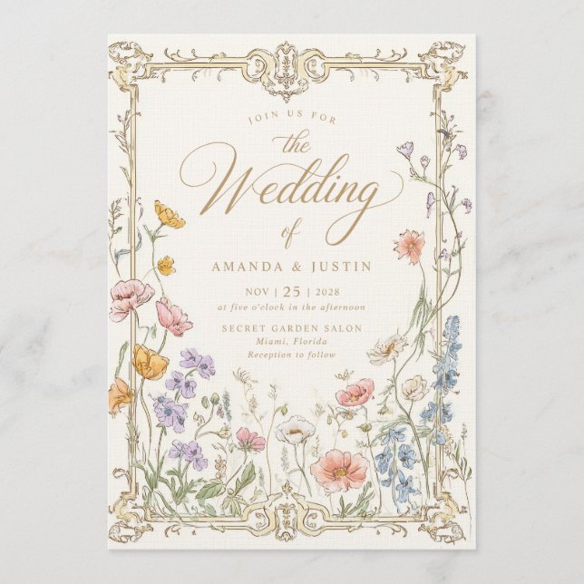 Elegant Vintage Wildflowers Floral Wedding Invitation (Front)