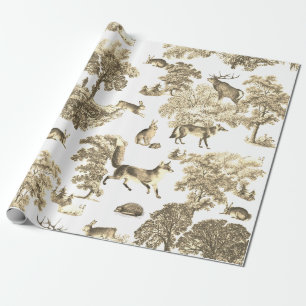 Elegant Vintage Woodland Beige Fox Rabbit Toile Wrapping Paper
