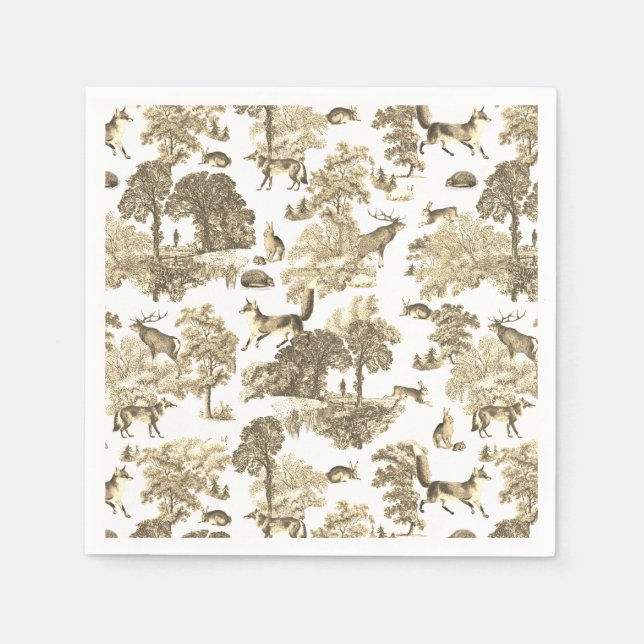 Elegant Vintage Woodland Fox Gold Beige Toile Napkin (Front)