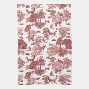 Elegant Vintage Woodland Fox Rabbit Red Toile Kitchen Towel