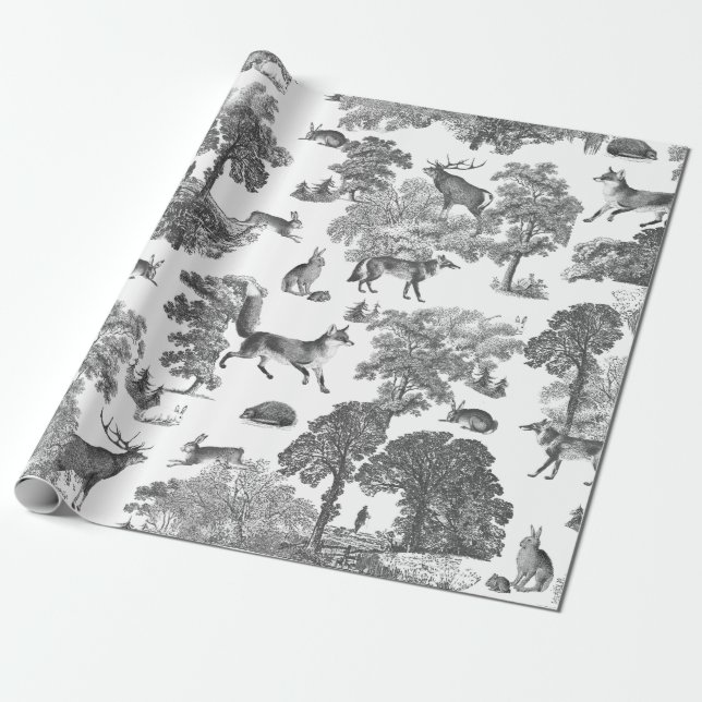 Elegant Vintage Woodland Fox Rabbit Toile Wrapping Paper (Unrolled)