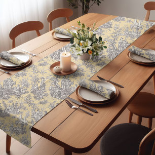 Elegant vintage yellow grey toile d jouy printed short table runner