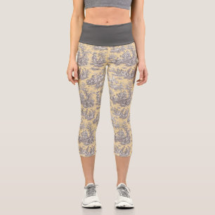 Elegant vintage yellow grey toile de jouy capri leggings