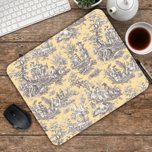 Elegant vintage yellow grey toile de jouy  mouse pad