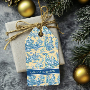 Elegant vintage yellow teal toile de jouy gift tags
