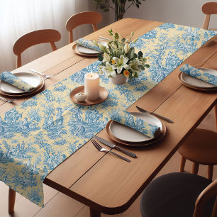 Elegant vintage yellow teal toile de jouy printed short table runner