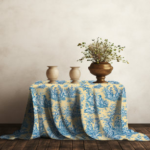 Elegant vintage yellow teal toile de jouy printed tablecloth