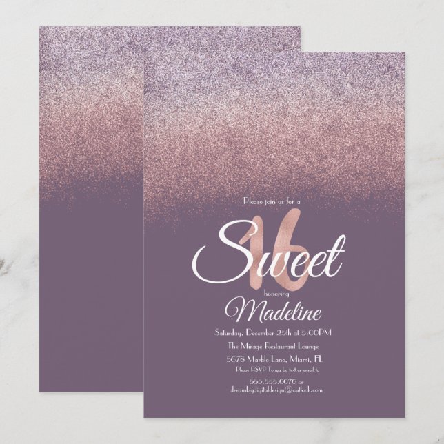 Elegant Violet Blush Pink Ombre Glitter Sweet 16 Invitation (Front/Back)