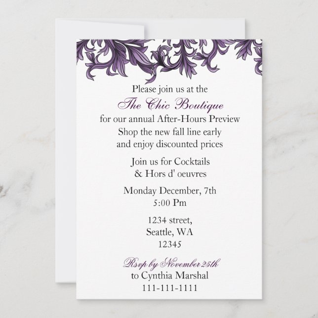 Elégant violet Business party Invitation (Devant)