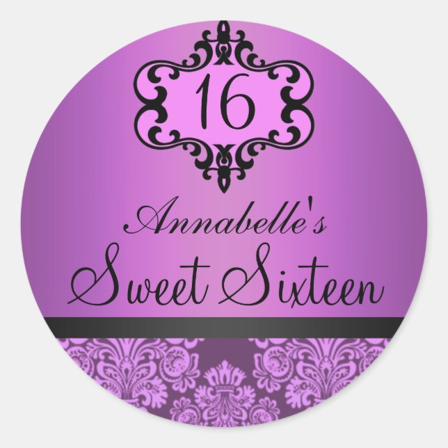 Élégant Violet Chic Damask Sweet 16 Sticker (Devant)