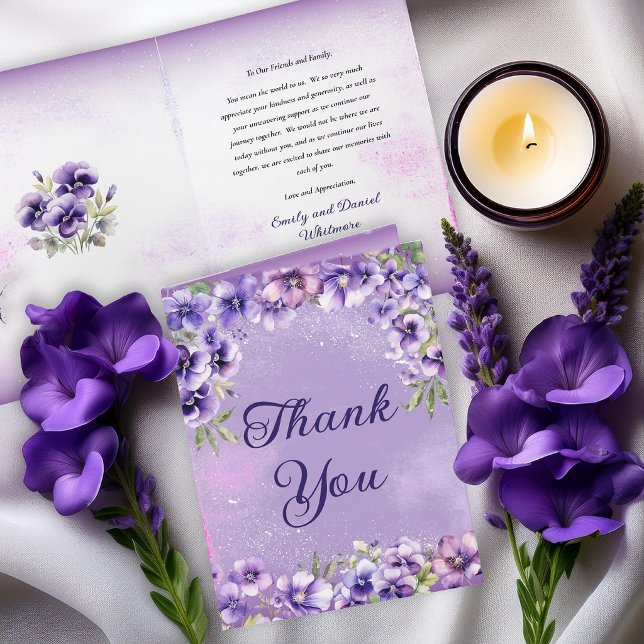 Elegant Violet Floral Wedding  Thank You Card (Elegant violet florals for a refined and timeless wedding folded thank you card)