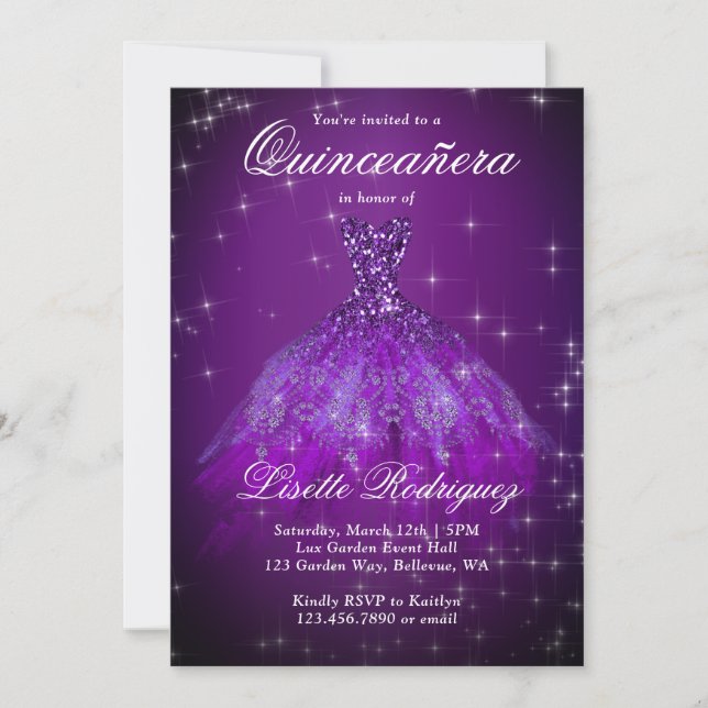 Elégant Violet foncé Quinceanera Invitation (Devant)