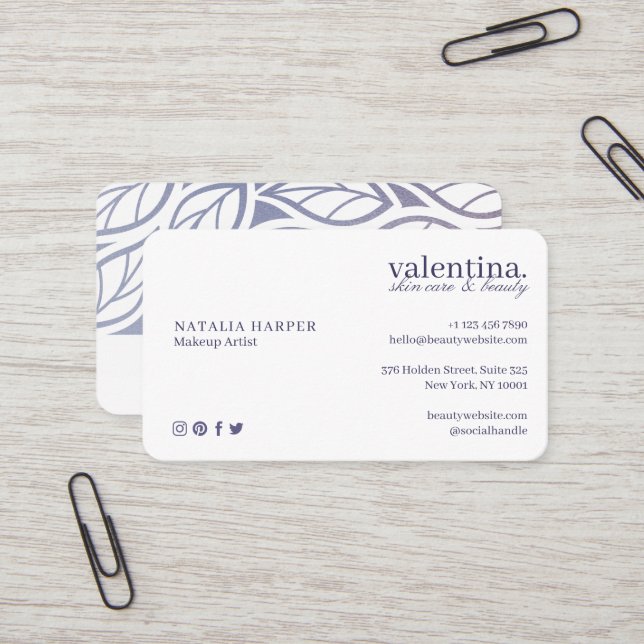 Elegant Violet Glitter Leaf Pattern Beauty Makeup Business Card (Front/Back In Situ)