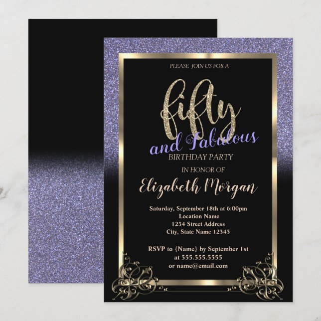 Elegant Violet Glitter Ombre 50th Birthday Party Invitation (Front/Back)
