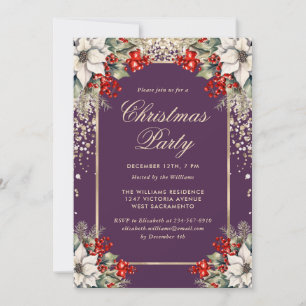 Elegant Violet Gold Botanical Christmas Party Invitation