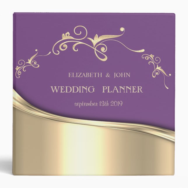 Elegant  Violet Gold  Swirls Wedding Planner Binder (Front)