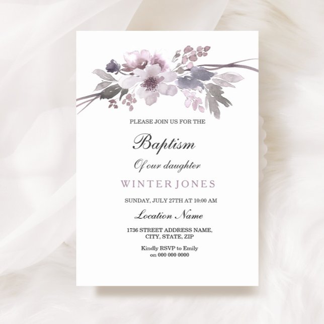 Élégant violet hiver floral Baptême Invitation (Créateur téléchargé)