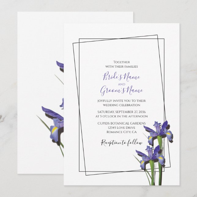 Élégant violet Iris Invitations de mariage Iris (Devant / Derrière)