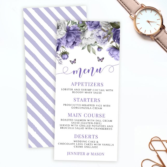 Elegant violet lavender floral wedding menu cards (Creator Uploaded)