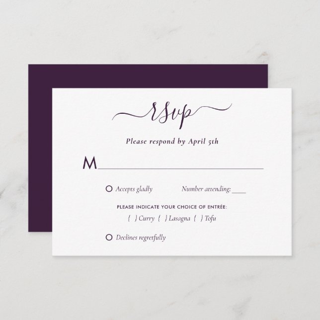 Élégant violet moderne Script mariage carte RSVP (Devant / Derrière)