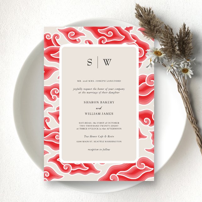 Élégant violet onces Faire-part de mariage Monogra (Embrace Timeless Beauty with a Vintage Red Wedding Invitation)