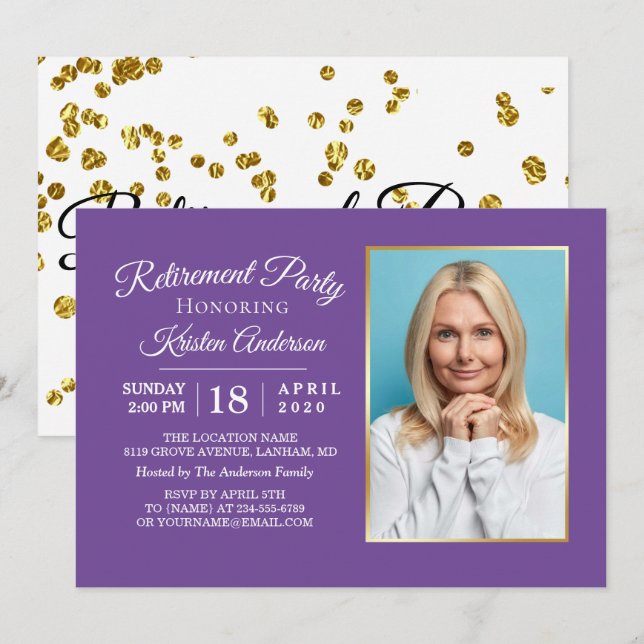 Élégant Violet Photo Retraite Party Invitation (Devant / Derrière)