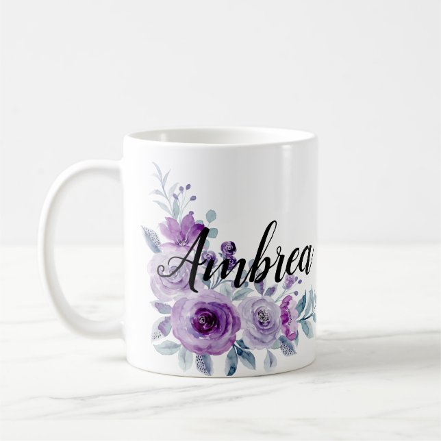 Elegant Violet Purple Floral Custom Personalized C Coffee Mug (Left)