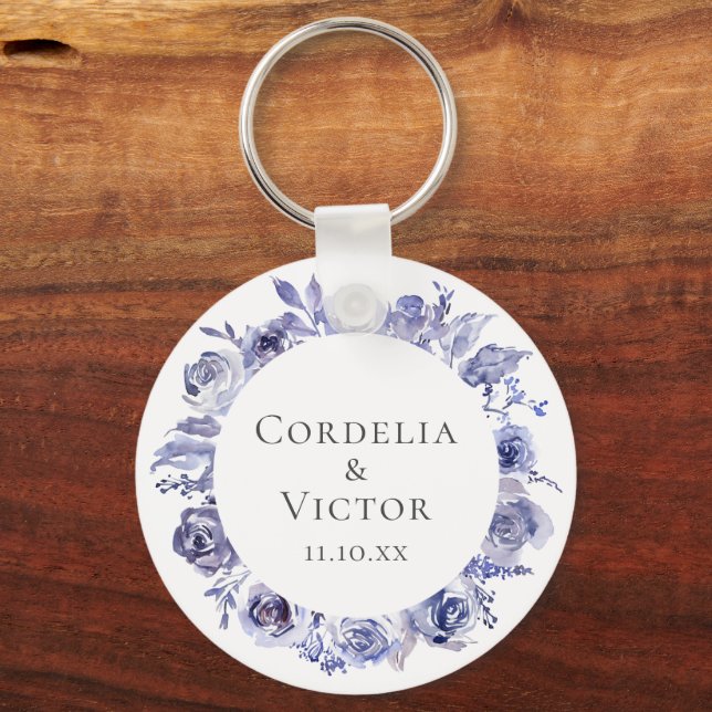 Elegant Violet Purple Roses Floral Wedding Keychain (Front)