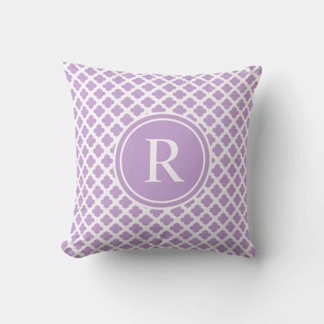 Elegant Violet Quatrefoil Monogram Throw Pillow (Front)