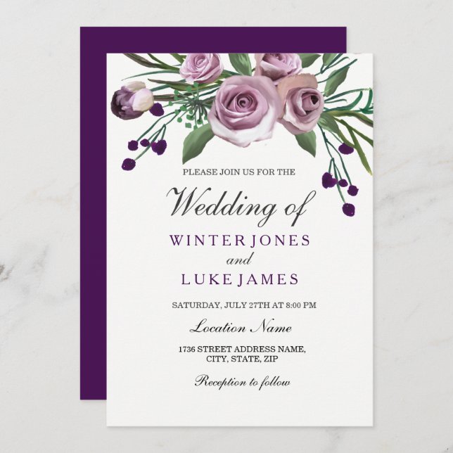 Elégant Violet Rose Floral Mariage Invitation (Devant / Derrière)