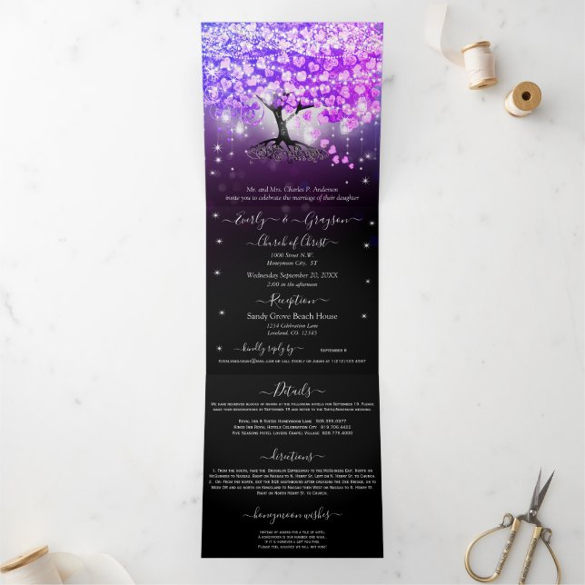 Élégant Violet rose Mariage feuille coeur Tri-Fold (Intérieur)
