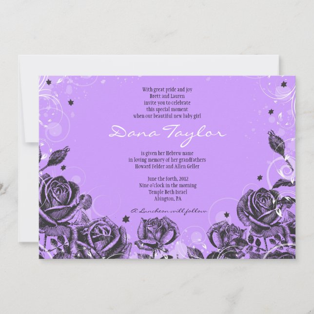 Élégant Violet Roses Baby Naming Invitation Hébreu (Devant)