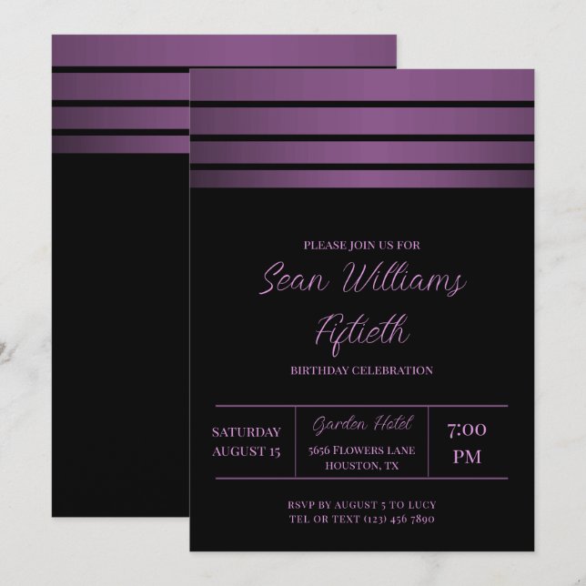 Elegant Violet Stripes Masculine Birthday Invitation (Front/Back)