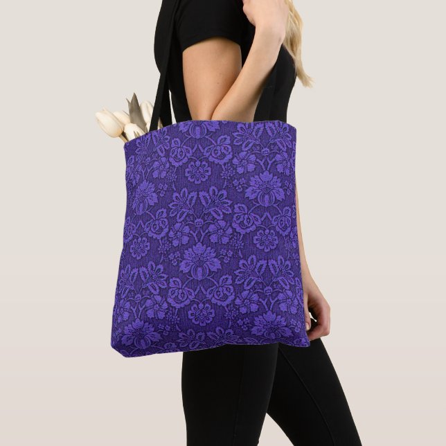 Elegant Violet Vintage Damask Pattern Tote Bag (Close Up)