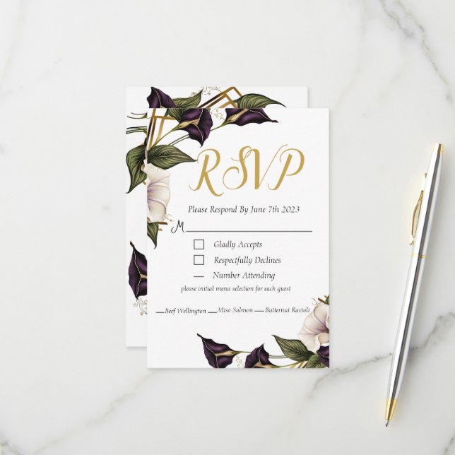 Elégant Violet violet Calla Lily Mariage RSVP (Devant/Arrière en situation)