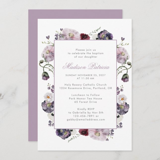 Elegant Violet Watercolor Floral  Invitation (Front/Back)