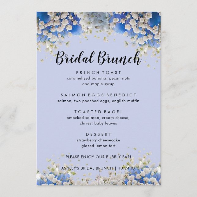 Elegant Violets Purple Floral Bridal Brunch Menu (Front)
