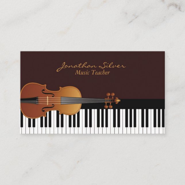 Elegant Violin and Piano Key Music Teacher Business Card (Front)