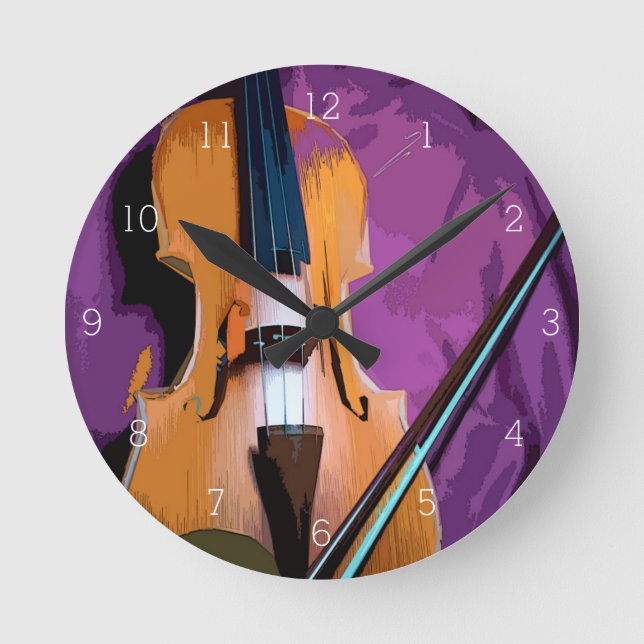 Elegant Violin on Purple Silk, Round Clock (Front)