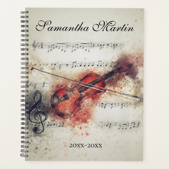 Elegant Violin Sheet Music Watercolor Planner (Front)