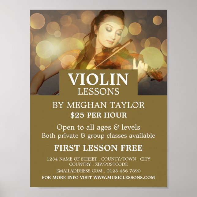 Elegant Violinist, Violin Lessons Advertising Poster (Front)