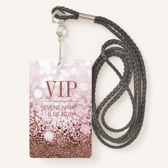 Elegant VIP Access Event Rose Pink Glitter Badge (Front with Lanyard)