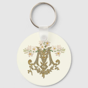 Elegant Virgin Mary Gold Marian Cross Lilies Card  Keychain