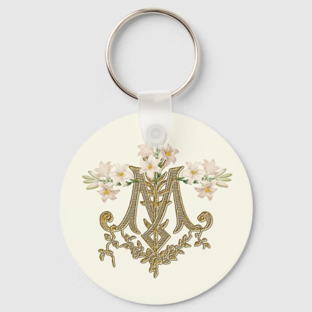 Elegant Virgin Mary Gold Marian Cross Lilies Card  Keychain (Front)