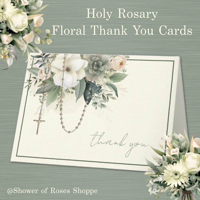 Elegant Virgin Mary Religious Catholic Floral Holiday Card (Traditional Catholic Floral Rosary Thank you Cards  - Easy to personalize)